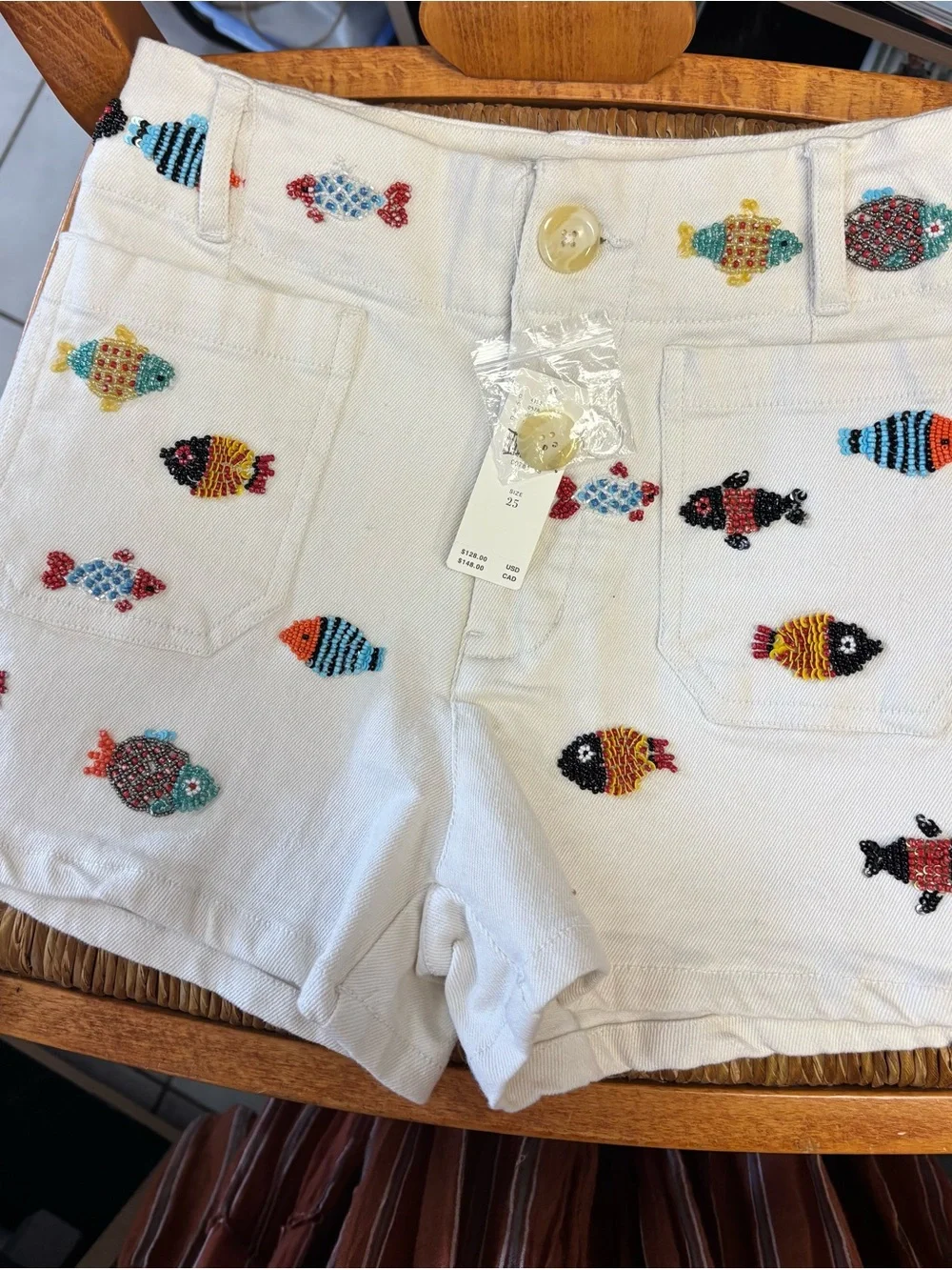 Maeve Colette Embroidered Beaded Fish Cotton Shorts - White